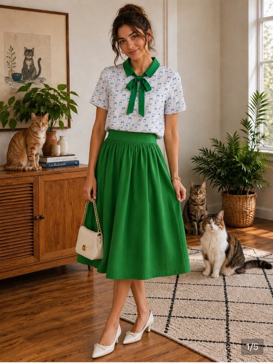 Tulip B Tops - Tulip B Short Sleeve Green Front Tie Cat Print Retro Vibes Blouse. Size S